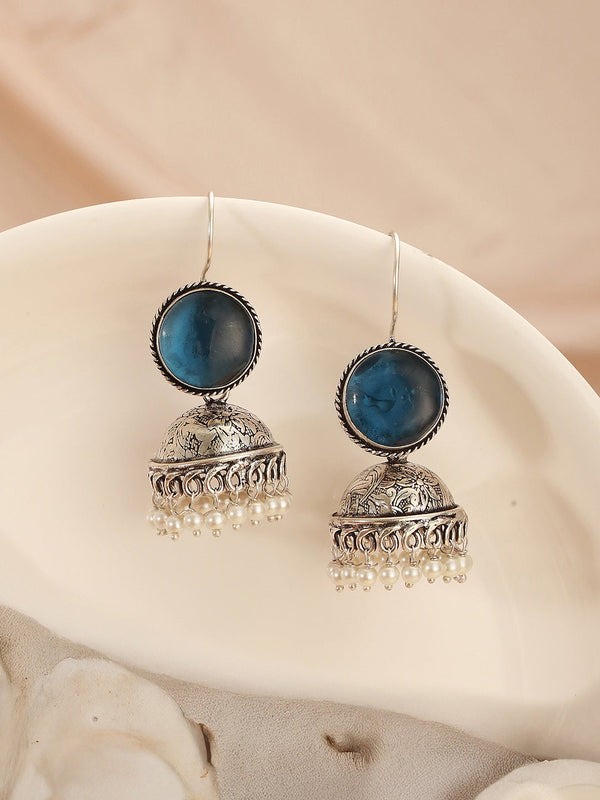 Oxidised Silver Toned Ice Blue Stone Fish Hook Contemporary Jhumka Earrings