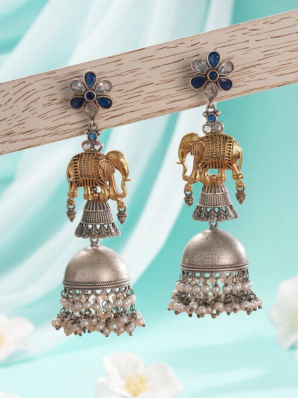 Oxidised Silver Toned Pearl Beaded Floral Elephant Design Contemporary Dangler Jhumka Earrings