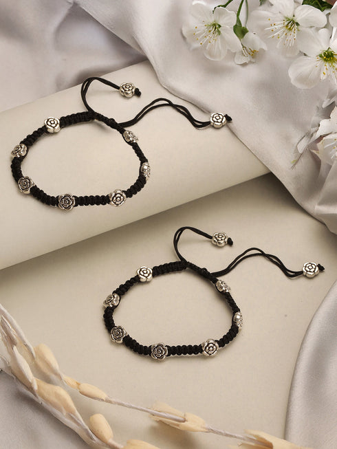 Set of 2 Silver Oxidised Stone Studded Flower Design Minimal Dailywear Anklet Payal