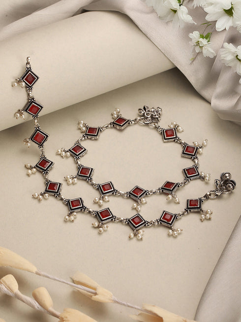 Set of 2 Silver Oxidised Ruby Red Stone Studded Minimal Dailywear Anklet Payal
