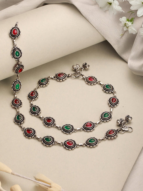 Set of 2 Silver Oxidised Ruby Red & Green Stone Studded Minimal Bridal Dailywear Anklet Payal