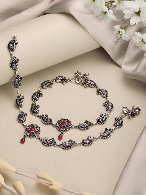 Set of 2 Silver Oxidised Ruby Red Stone Studded Peacock & Flower Minimal Dailywear Anklet Payal