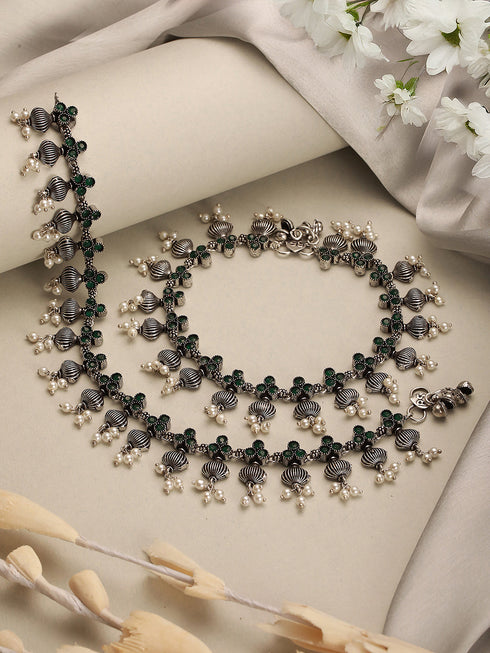 Set of 2 Silver Oxidised Green Stone Studded Flower Minimal Dailywear Anklet Payal