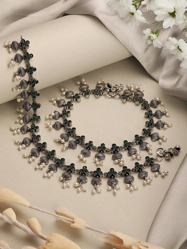 Set of 2 Silver Oxidised Green Stone Studded Flower Minimal Dailywear Anklet Payal