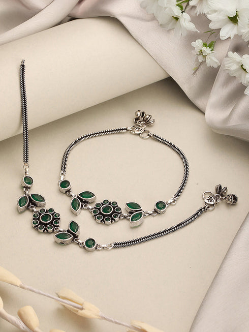 Set of 2 Silver Oxidised Green Stone Studded Trendy Floral Minimal Bridal Dailywear Anklet Payal