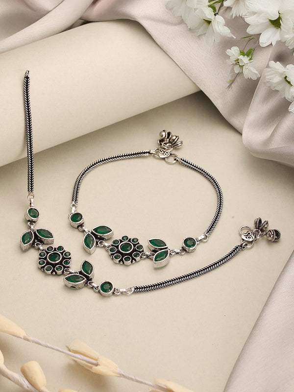 Set of 2 Silver Oxidised Green Stone Studded Trendy Floral Minimal Bridal Dailywear Anklet Payal