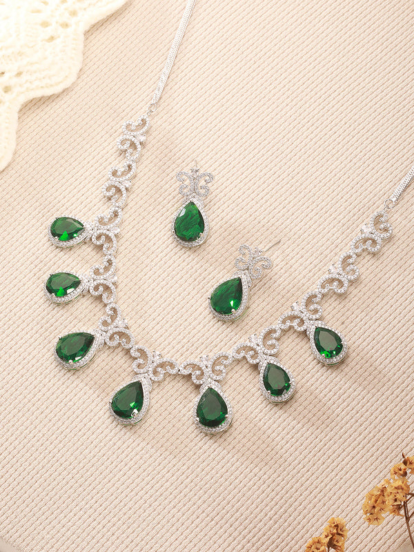Silver Plated Emerald Green AD Studded Floral Statement Necklace Jewellery Set
