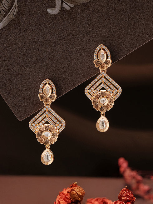 Gold Plated Uncut Polki Kundan Mossanite Studded Floral Dropdown Minimal earrings