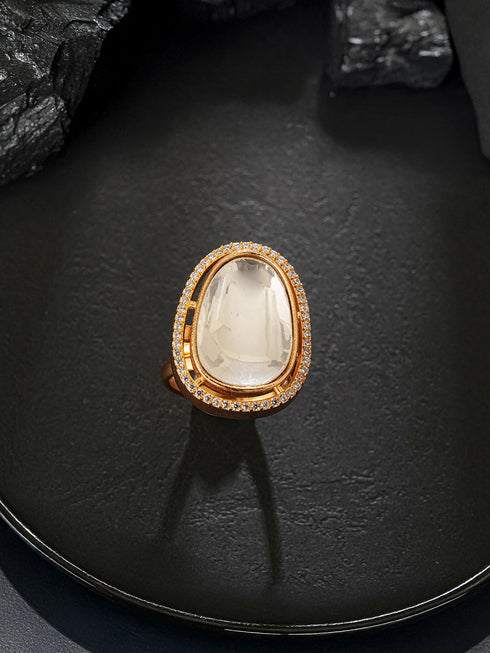 Gold Plated Kundan Mossanite Studded Minimal Bridal Handcrafted Adjustablle Finger Rings