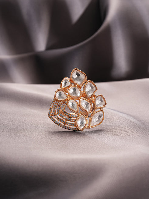 Gold Plated Uncut Polki Mossanite Kundan Studded Adjustable Cocktail Finger Ring