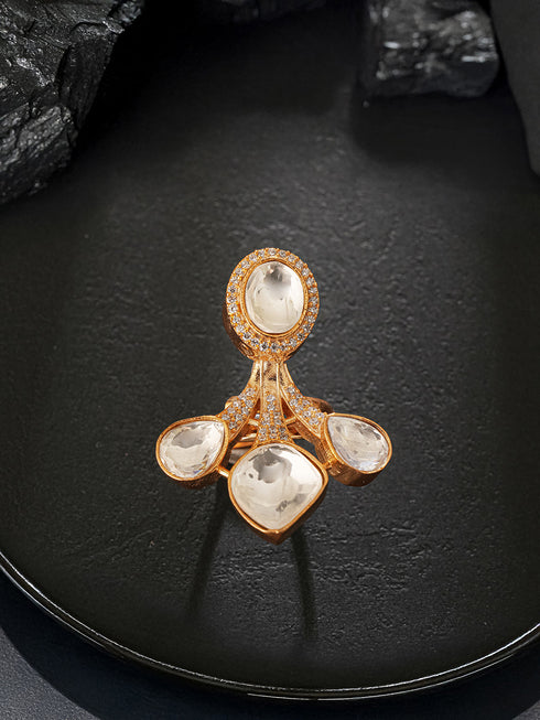 Antique Gold Plated Kundan Studded Intricate Solitaire Finger Rings