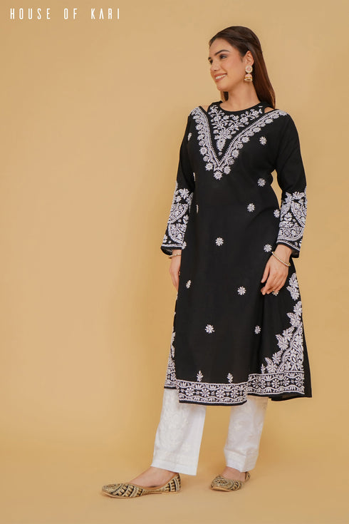 Cotton Chikankari Long Kurta Black