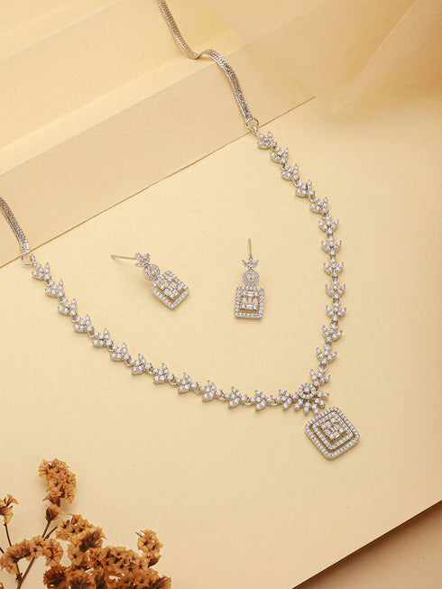 White Rhodium Cubic Zircon Studded Delicate Square Pendant Necklace Jewellery Set