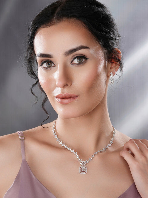 White Rhodium Cubic Zircon Studded Delicate Square Pendant Necklace Jewellery Set
