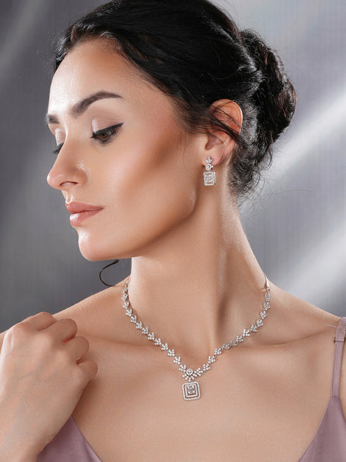 White Rhodium Cubic Zircon Studded Delicate Square Pendant Necklace Jewellery Set