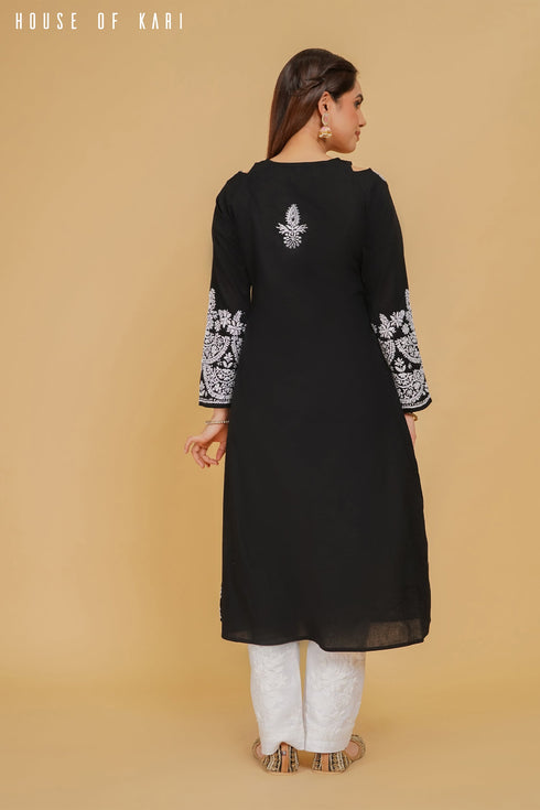 Cotton Chikankari Long Kurta Black