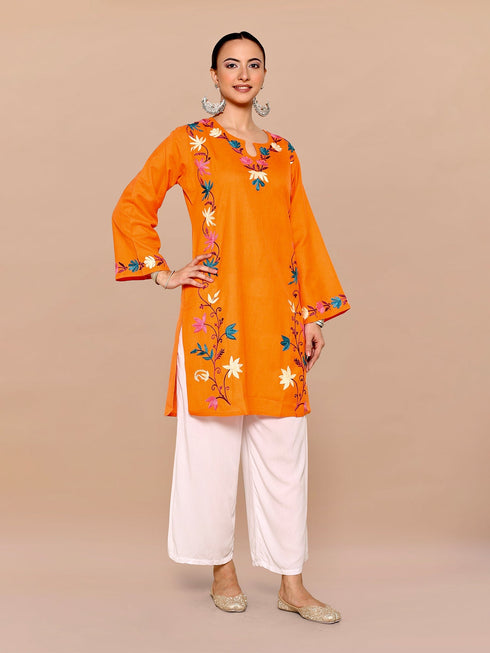 Rishita in Falak Kashmiri Long Kurta - Orange
