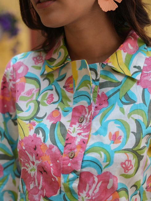 Women Sea Green Floral Printed Pure Cotton Co-ords Set