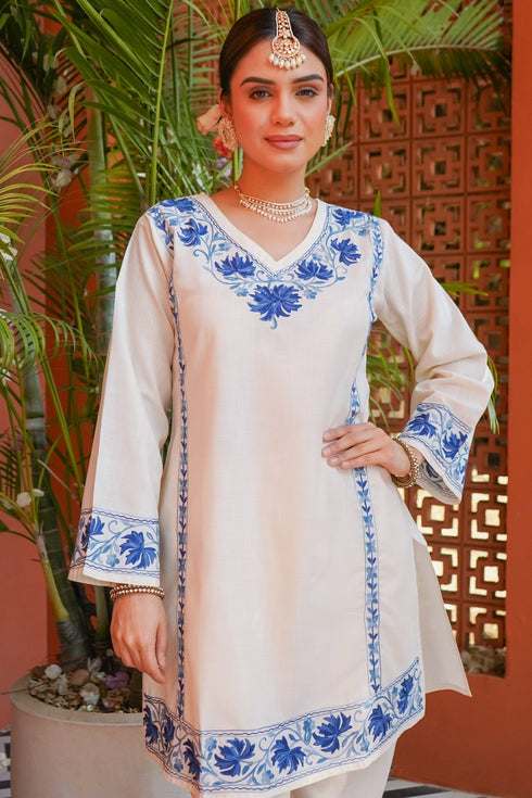 Kashmiri Aari Work Cotton Kurta Set - White With Blue