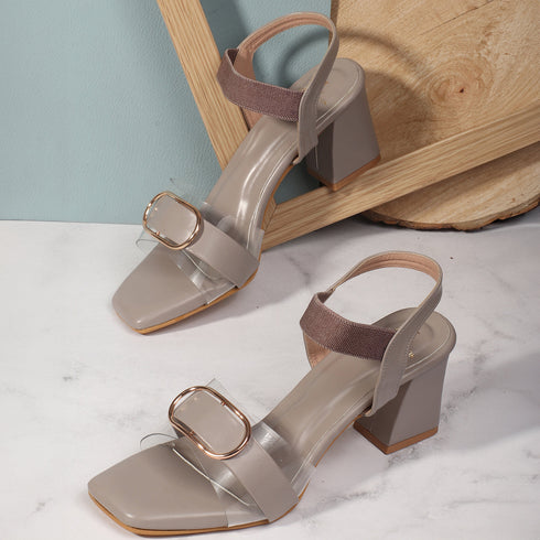 Women's Buckle Detail Square Toe Block Heel Sandals