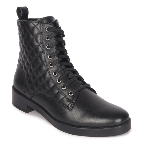Women's Chic Quilted Ankle Combat Boot with Lace-Up Closure
