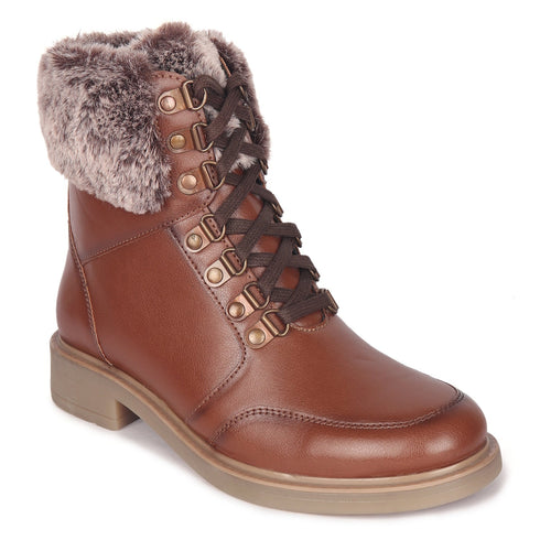 Women's Cozy Hiker Style Ankle Boot with Faux Fur Collar