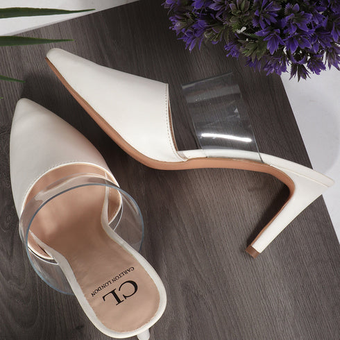 White Slip-On Pointed Toe Women Mule Heels