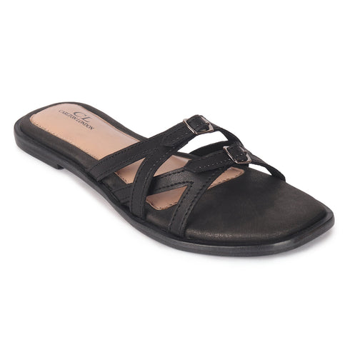 Women's Flat Slide Sandal with Criss-Cross Straps & Buckles