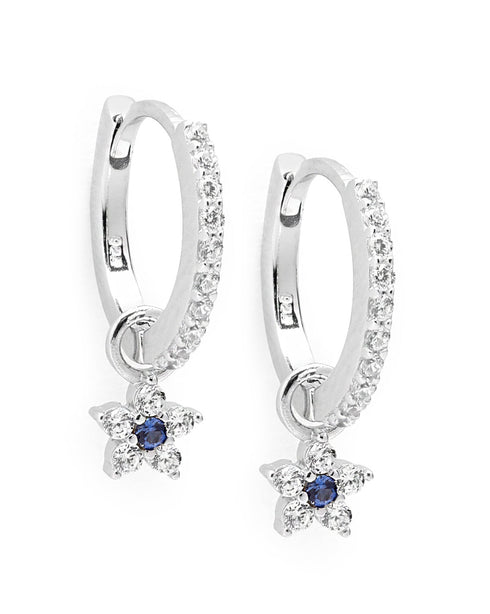 925 Sterling Silver Rhodium Plated Blue CZ Star Hoop Earring