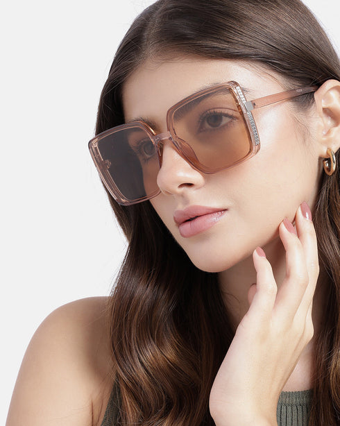 Women Nude & Silver Toned UV Protected Clear Lens Oversized Sunglasses