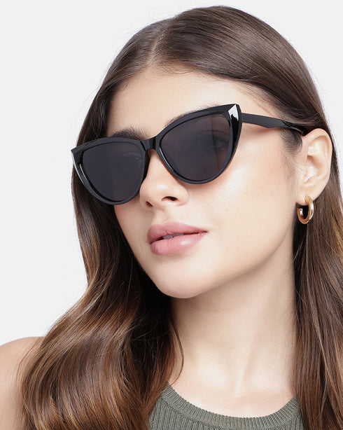 Women Black Toned UV Protected Black Lens Cateye Sunglasses