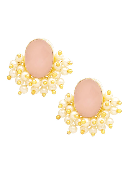 Gold Plated Pink stone & Pearl Beaded Statement Earrings