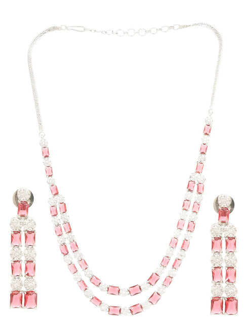 White Rhodium Plated Red AD studded Double layered Designer Jewellery Set