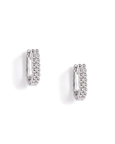 Rhodium Plated Oval Beaded Mini Hoop Earring