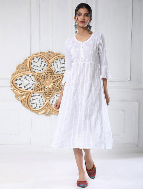 Hand embroidery Chikankari Long Kurta-White