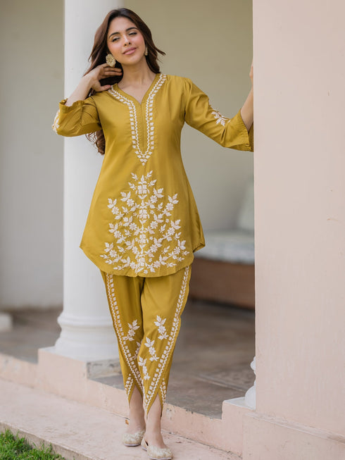 Sneha in Saba Chikankari Kurta Set in Habutai Silk - Mustard