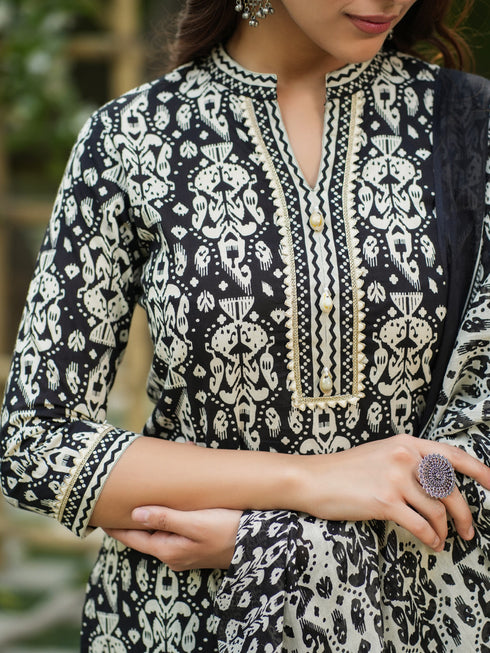 Women Black Ikat Printed Pure Cotton Straight Kurta With Printed Trouser And Printed Dupatta