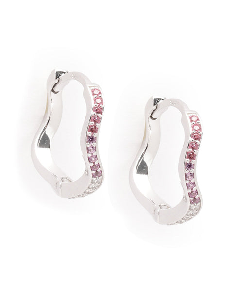 925 Sterling Silver Rhodium Plated Pink CZ Contemporary Wave Earring