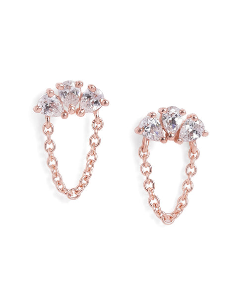 18kt Rose Gold Plated CZ Stud and Chain Earring