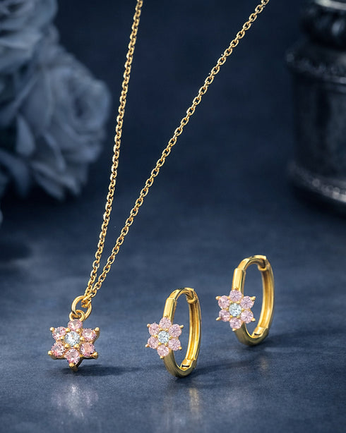 18K Gold Plated Floral Pendant Necklace & Earring Set