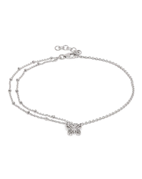Rhodium Plated Double Chain Butterfly Charm Anklet