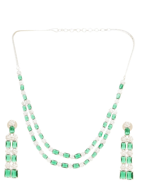 White Silver Plated Green AD Double layer Statement Jewellery Set