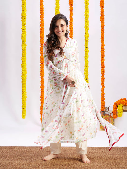 Women's Printed Georgette Anarkali Kurta Set With Dupatta