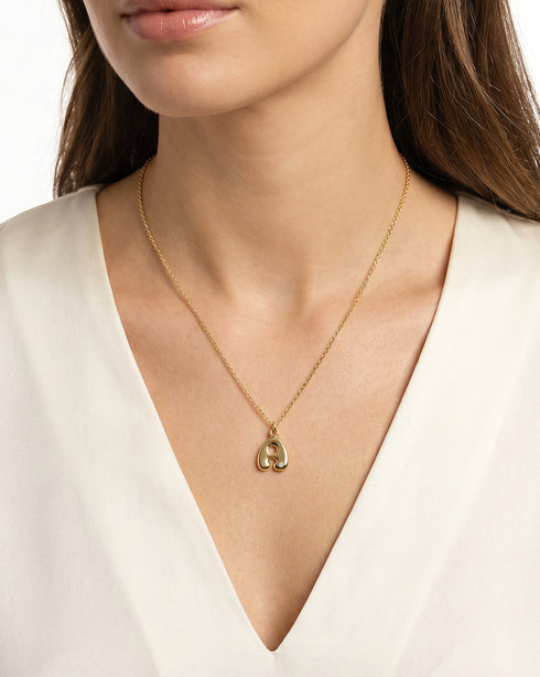 18kt Gold Plated CZ Bubble Letter R Pendant and Chain