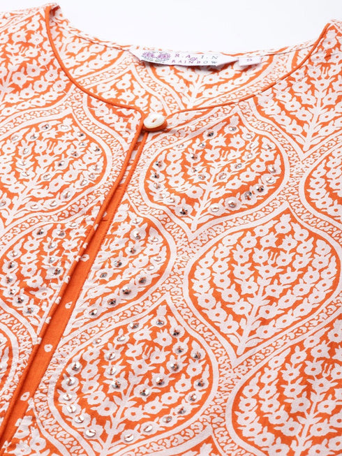 Women Orange & White Ethnic Printed Sequinned Pure Cotton Kurti