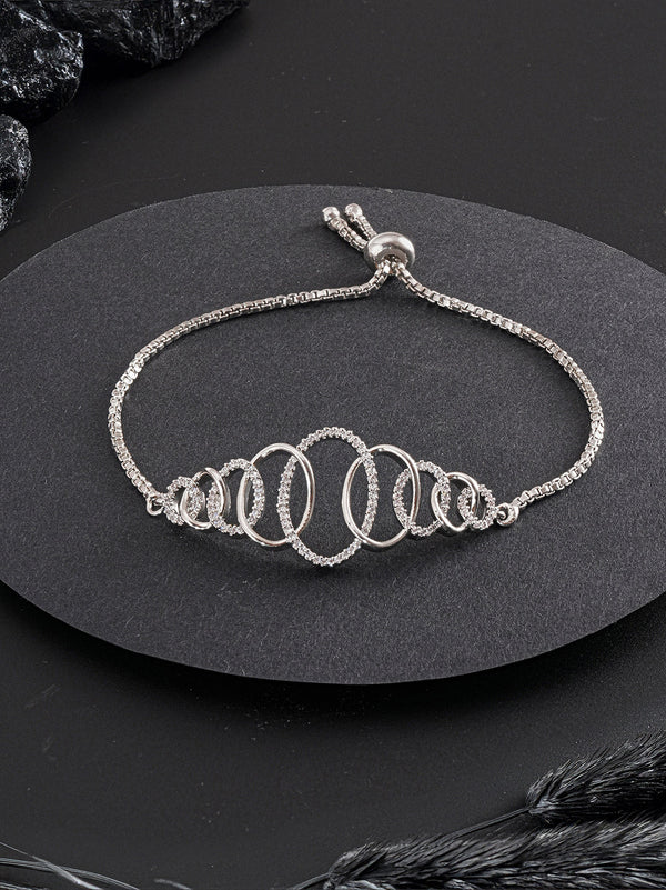 Rhodium Plated AD Studded Oval Link Adjustable Pull Chain Slider Bracelet