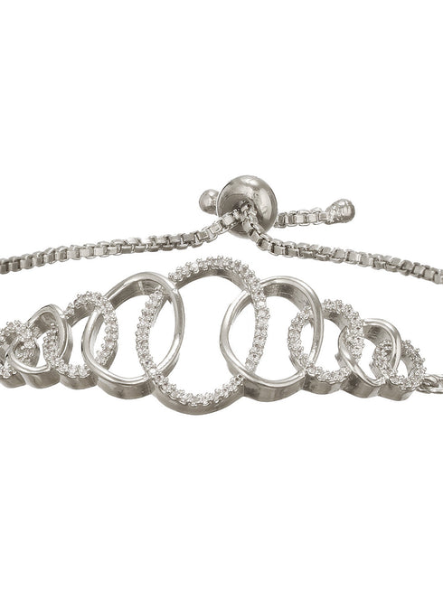 Rhodium Plated AD Studded Oval Link Adjustable Pull Chain Slider Bracelet
