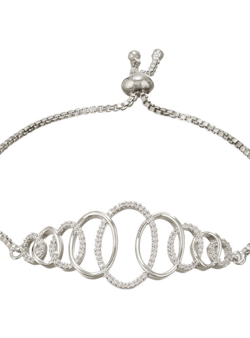 Rhodium Plated AD Studded Oval Link Adjustable Pull Chain Slider Bracelet