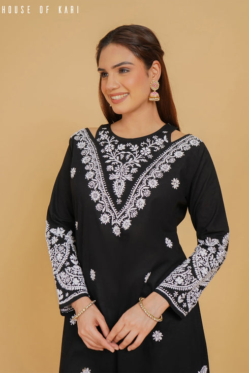 Cotton Chikankari Long Kurta Black
