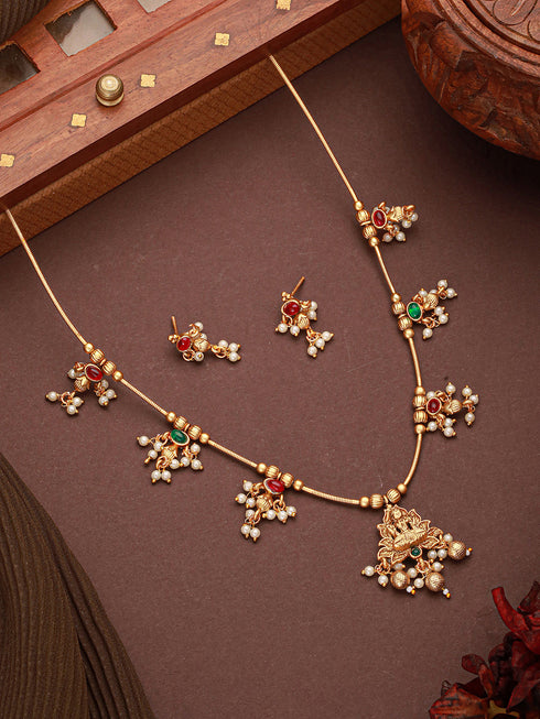 Gold Plated Ball Chain Kempo Studded Lakshmiji Pendant Minimal Jewellery Set